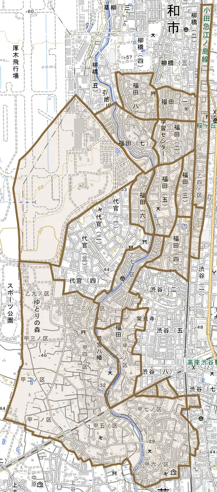 福田とその周辺の地図。町の範囲を重ねている