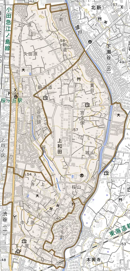 上和田とその周辺の地図。町の範囲を重ねている