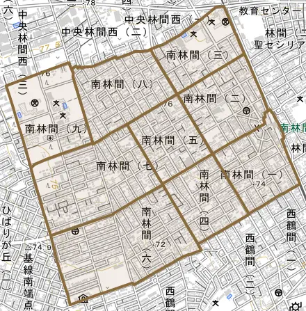 南林間とその周辺の地図。町の範囲を重ねている