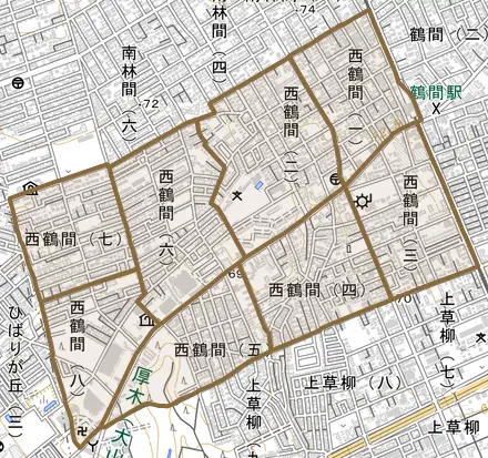 西鶴間とその周辺の地図。町の範囲を重ねている