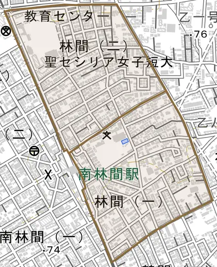 林間とその周辺の地図。町の範囲を重ねている