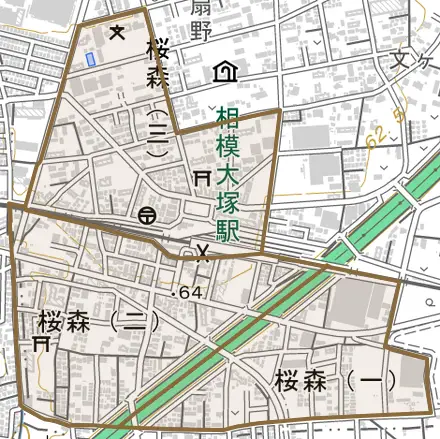 桜森とその周辺の地図。町の範囲を重ねている