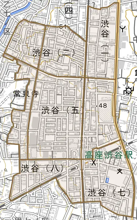 渋谷とその周辺の地図。町の範囲を重ねている
