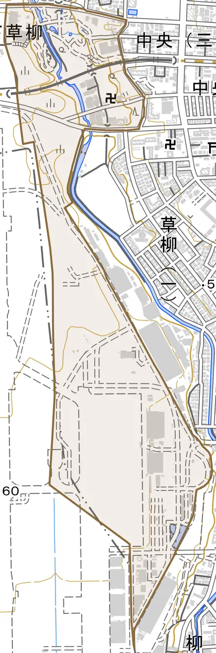 下草柳とその周辺の地図。町の範囲を重ねている