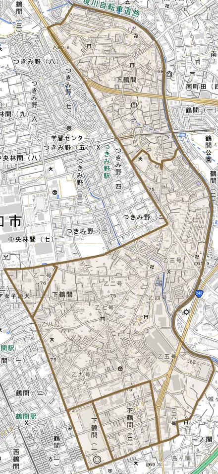 下鶴間とその周辺の地図。町の範囲を重ねている