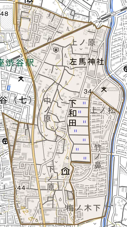 下和田とその周辺の地図。町の範囲を重ねている