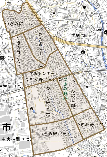 つきみ野とその周辺の地図。町の範囲を重ねている