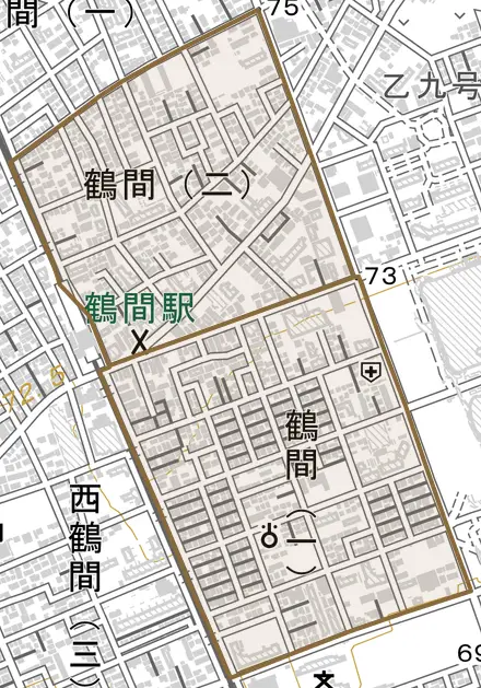 鶴間とその周辺の地図。町の範囲を重ねている