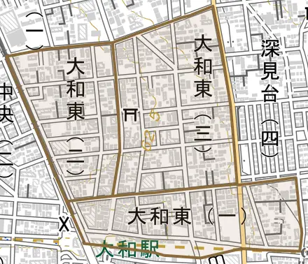大和東とその周辺の地図。町の範囲を重ねている