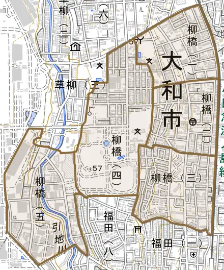 柳橋とその周辺の地図。町の範囲を重ねている