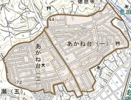 あかね台とその周辺の地図。町の範囲を重ねている