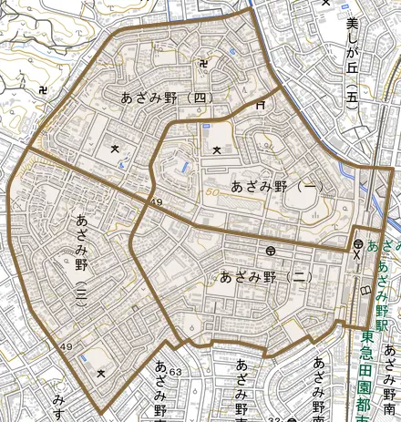 あざみ野とその周辺の地図。町の範囲を重ねている