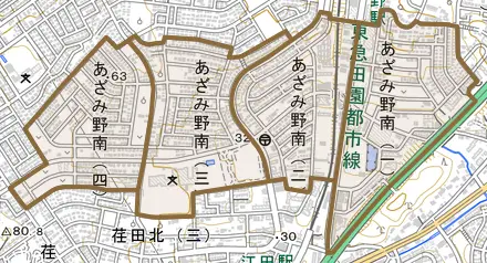 あざみ野南とその周辺の地図。町の範囲を重ねている