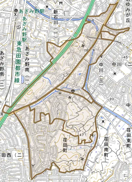 荏田町とその周辺の地図。町の範囲を重ねている