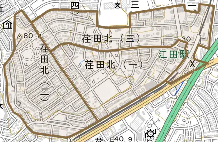 荏田北とその周辺の地図。町の範囲を重ねている