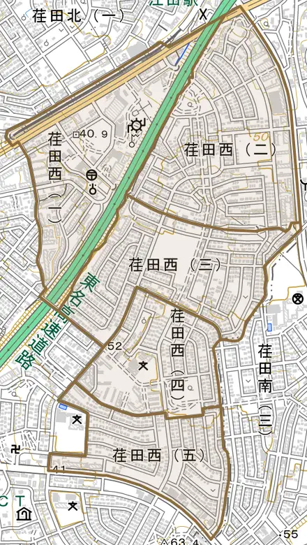 荏田西とその周辺の地図。町の範囲を重ねている