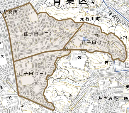 荏子田とその周辺の地図。町の範囲を重ねている