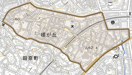 榎が丘とその周辺の地図。町の範囲を重ねている