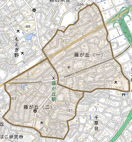 藤が丘とその周辺の地図。町の範囲を重ねている