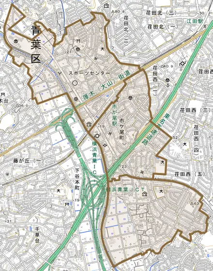 市ケ尾町とその周辺の地図。町の範囲を重ねている