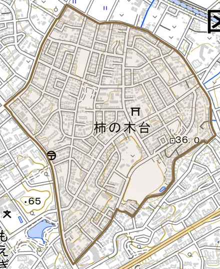 柿の木台とその周辺の地図。町の範囲を重ねている