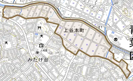 上谷本町とその周辺の地図。町の範囲を重ねている