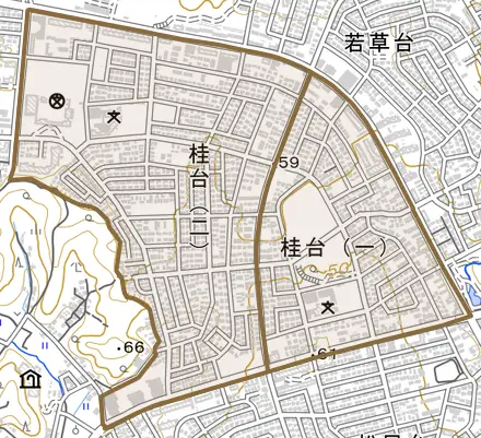 桂台とその周辺の地図。町の範囲を重ねている