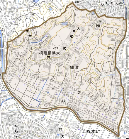 鉄町とその周辺の地図。町の範囲を重ねている