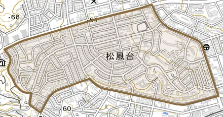 松風台とその周辺の地図。町の範囲を重ねている