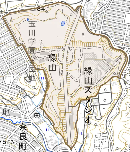 緑山とその周辺の地図。町の範囲を重ねている