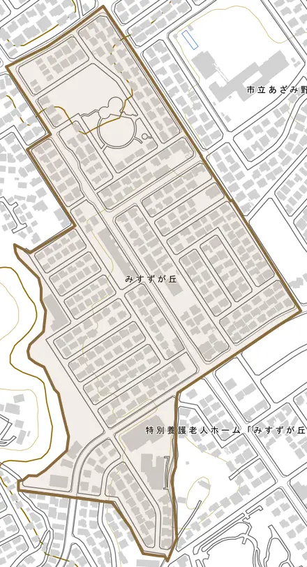 みすずが丘とその周辺の地図。町の範囲を重ねている