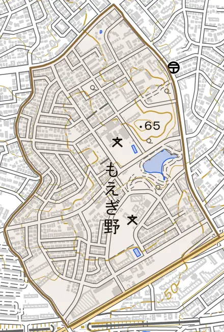もえぎ野とその周辺の地図。町の範囲を重ねている