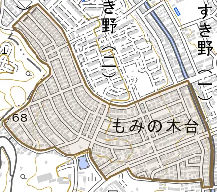 もみの木台とその周辺の地図。町の範囲を重ねている