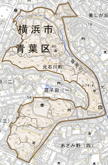 元石川町とその周辺の地図。町の範囲を重ねている