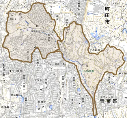 奈良町とその周辺の地図。町の範囲を重ねている