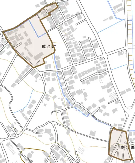 成合町とその周辺の地図。町の範囲を重ねている