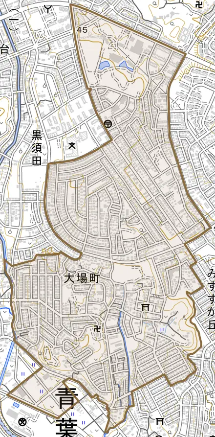 大場町とその周辺の地図。町の範囲を重ねている