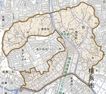 恩田町とその周辺の地図。町の範囲を重ねている