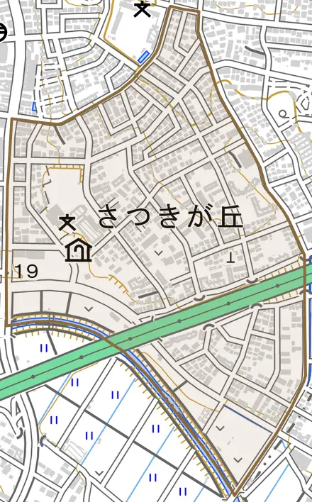 さつきが丘とその周辺の地図。町の範囲を重ねている