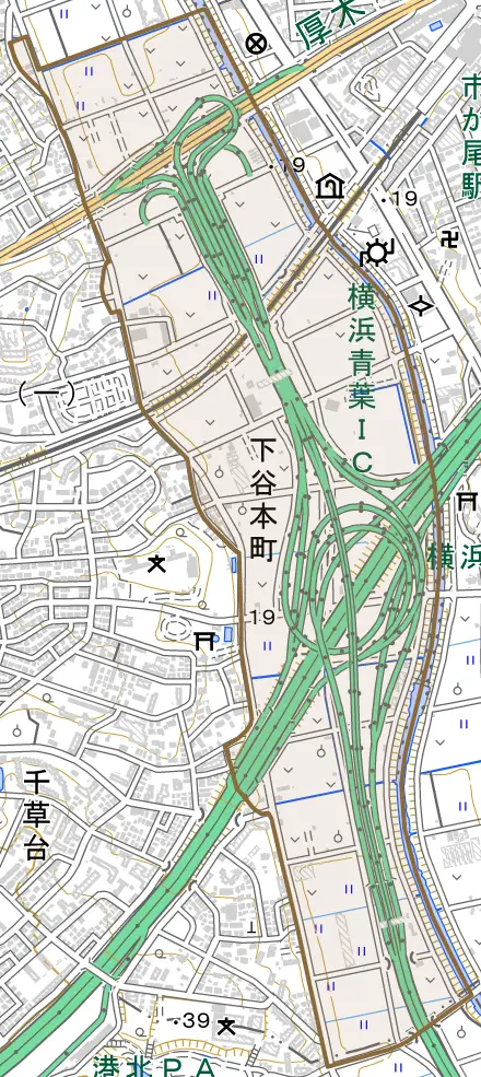 下谷本町とその周辺の地図。町の範囲を重ねている