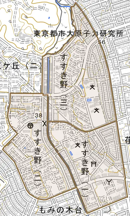 すすき野とその周辺の地図。町の範囲を重ねている