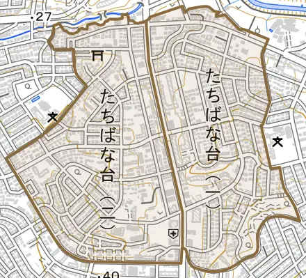 たちばな台とその周辺の地図。町の範囲を重ねている