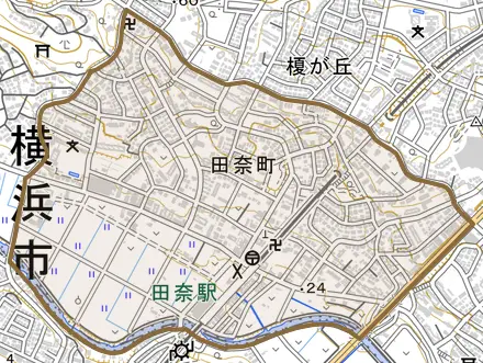 田奈町とその周辺の地図。町の範囲を重ねている