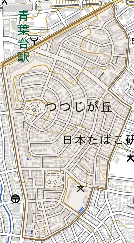つつじが丘とその周辺の地図。町の範囲を重ねている