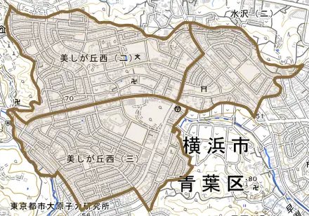 美しが丘西とその周辺の地図。町の範囲を重ねている