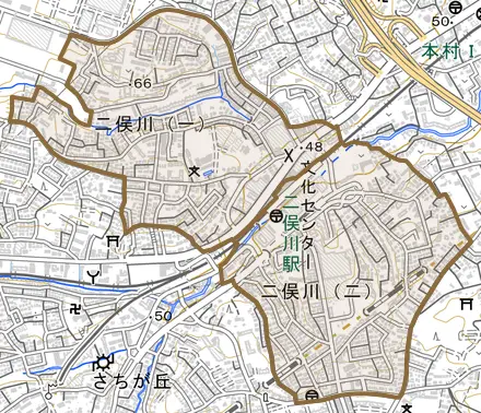 二俣川とその周辺の地図。町の範囲を重ねている