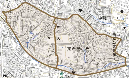 東希望が丘とその周辺の地図。町の範囲を重ねている