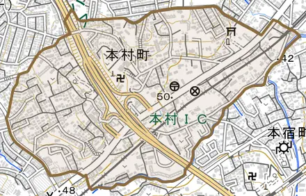 本村町とその周辺の地図。町の範囲を重ねている