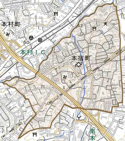 本宿町とその周辺の地図。町の範囲を重ねている