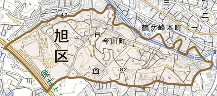 今川町とその周辺の地図。町の範囲を重ねている